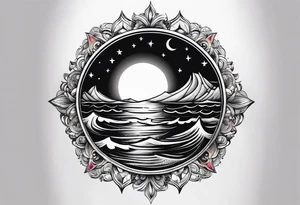 mezcla de sol luna y mar con estrellas brillantes tattoo idea