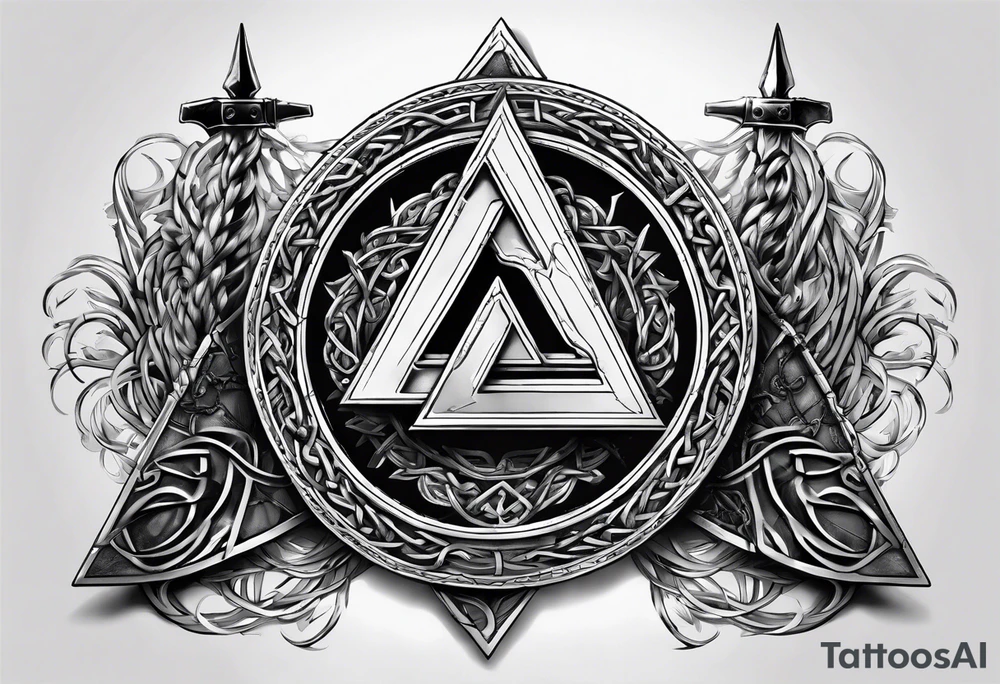 Valhalla  sword shield axe barbed wire chains valknut tattoo idea