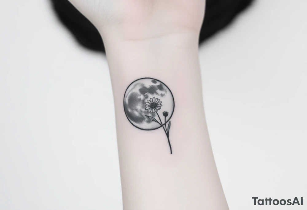 Small black and white tattoo waxing creaxent moon with small Daisy birth flower and tiny leo gliph tattoo idea