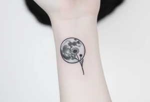 Small black and white tattoo waxing creaxent moon with small Daisy birth flower and tiny leo gliph tattoo idea