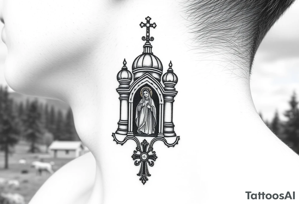 russian coat arms traditional christian orthodox cross with a virgin mary stood in the entrance of a russian orthodox dome church on the side of the neck in a wilderness setting tattoo idea