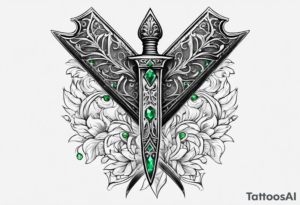 An athame dagger with the hilt turned upward and emerald gemstones tattoo idea