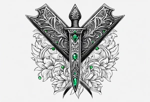 An athame dagger with the hilt turned upward and emerald gemstones tattoo idea