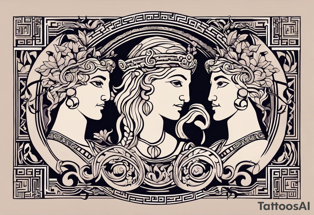 Craft an abstract yet distinctly ancient Greek-inspired tattoo design featuring Dionysus and Clio. Incorporate motifs from classical Greek art such as geometric patterns, meander borders, and stylized representations of the gods. For Dionysus, integrate symbols like grape clusters, ivy leaves, or the thyrsus staff in a dynamic and fluid composition, capturing the essence of his revelry and passion. Similarly, for Clio, infuse elements like scrolls, laurel wreaths, or the lyre into the design, evoking a sense of scholarly enlightenment and artistic inspiration. Ensure the overall aesthetic echoes the elegance and timelessness of ancient Greek art, offering a unique interpretation of these revered deities tattoo idea
