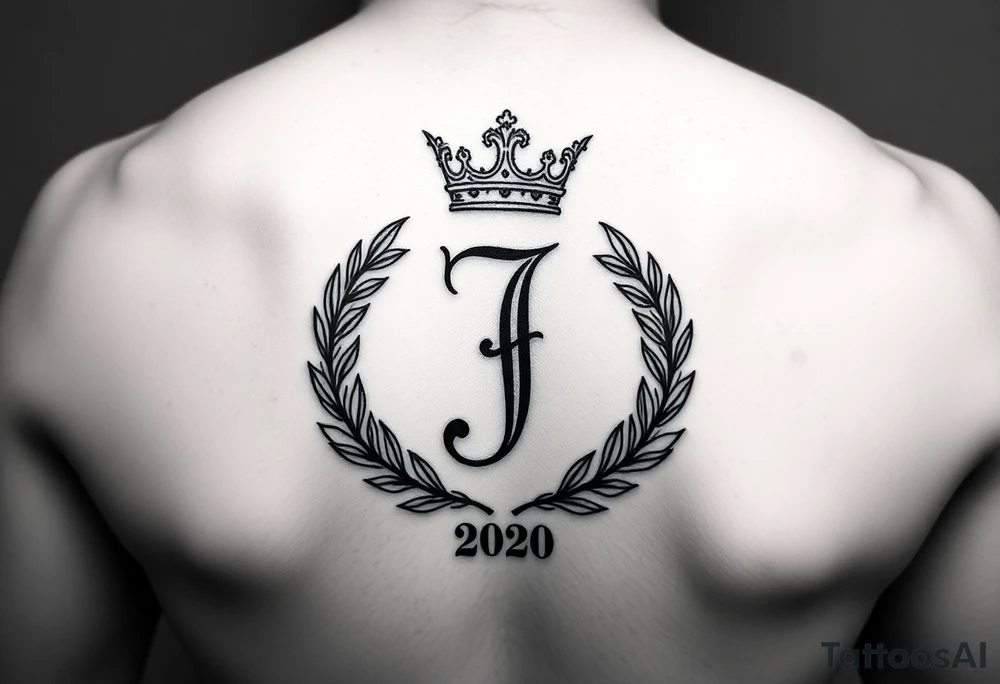 I would like to have an example for a tattoo. In which the initial J is central with a laurel wreath from bottom to top and a crown on top. Furthermore, please include a birth year 2020 or his birth date in Roman. on the upper legs tattoo idea