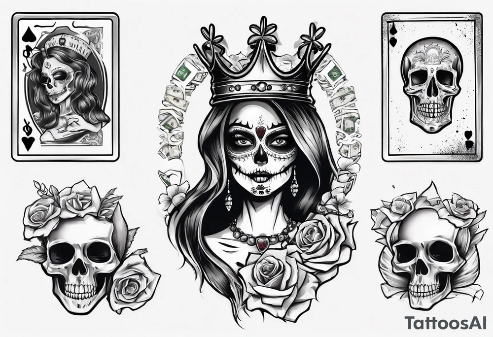 santa la muerta with money and crown
on the card tattoo idea