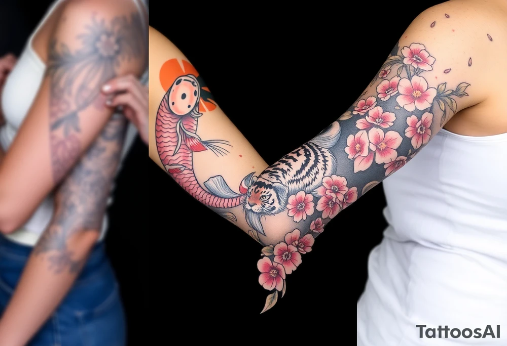 Full arm sleeve, one koi fish, one tiger, the sun, cherry blossom filler, beautiful tattoo idea
