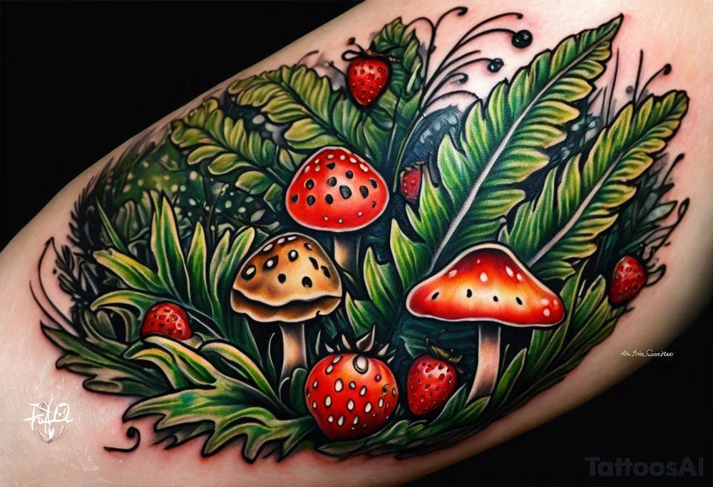 forest floor inspired realistic tattoo, which includes grass, curly ferns and dead leaves as the bulk of the tattoo. details to include: three very tiny strawberries, couple of VERYsmall mushrooms, a tiny bumblebee flying nearby tattoo idea