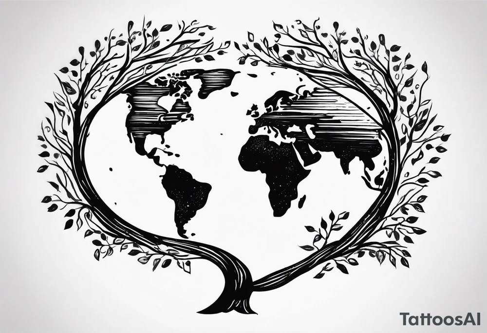 minimalistic, fine line tattoo, very few lines only, showing a globe growing out of a tree stem while leaving out the leaves of the tree, symbolizing the love for traveling and experiencing the world and new cultures but not forgetting about the roots of family and friends who I am very grateful for tattoo idea