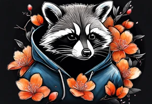 Raccoon wearing a white Superman logo on a black hoodie and orange Japanese cherry blossoms tattoo idea