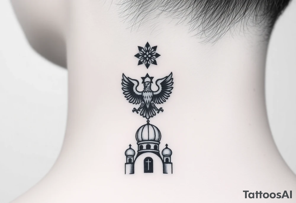 Miniature Echo
A smaller, refined version of your back composition stacked vertically:

Top: Small 8-pointed Russian star (Bethlehem star)
Middle: Tiny double-headed eagle (simplified, more linework style)
Bottom: Orthodox church dome with a cross tattoo idea