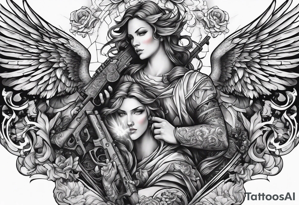 Arm sleeve with Angels with guns fighting demons below tattoo idea