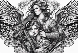Arm sleeve with Angels with guns fighting demons below tattoo idea