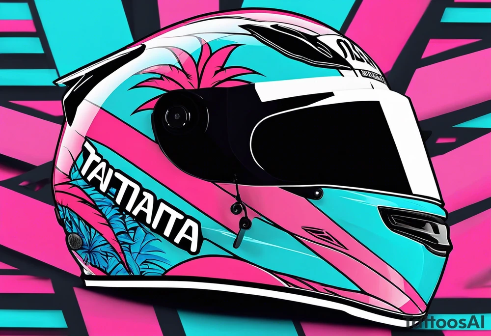 Formula 1 Helment with the Miami name a palm tree and pink and light blue colors tattoo idea