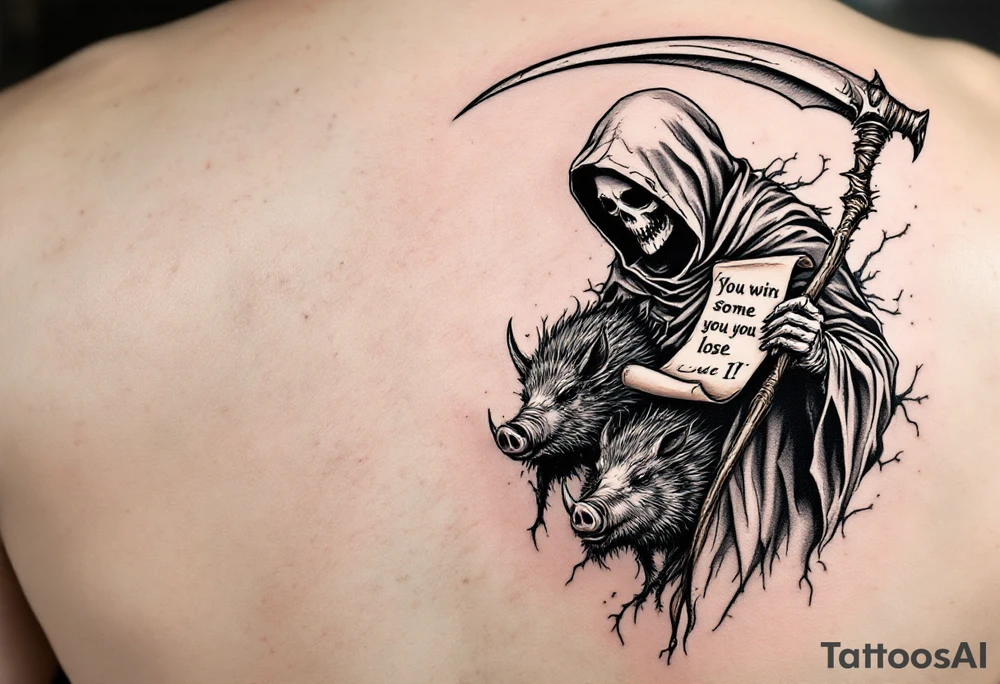 Grim reaper looking down on a bug feral boar while holding a scythe and scroll. The scoll has the words “You win some you lose some” written on it tattoo idea