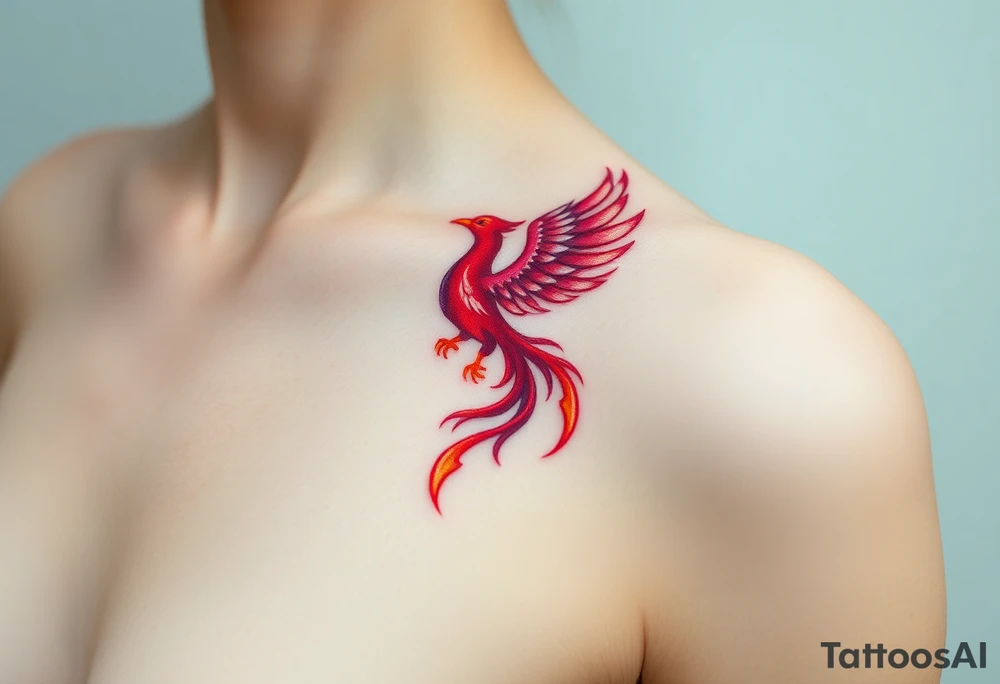Square, phoenix rising from fire with both wings opened, colors red, pink, orange and purple. tattoo idea