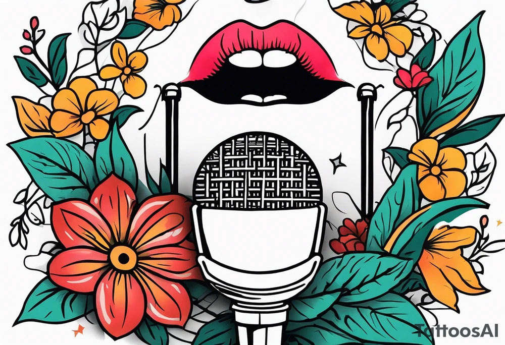 lips singing old school vintage traditional
flowers around and mouth next to microphone
bold and colorful simple design tattoo idea