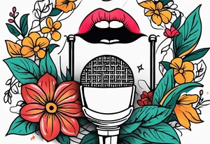 lips singing old school vintage traditional
flowers around and mouth next to microphone
bold and colorful simple design tattoo idea