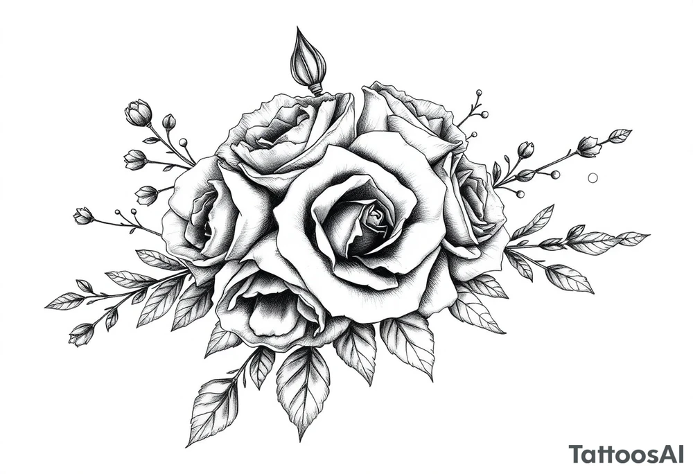 vintage bouquet of wild roses and meadow flowers with morning dew tattoo idea