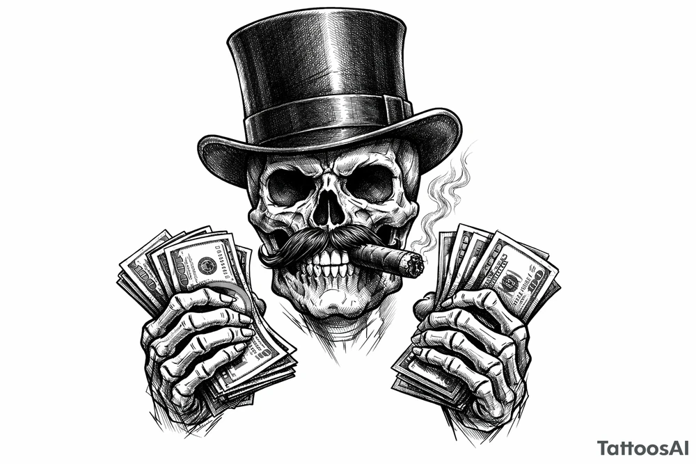skull with mustache,top-hat,cigar in his mouth,money in both hands. tattoo idea