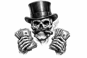 skull with mustache,top-hat,cigar in his mouth,money in both hands. tattoo idea