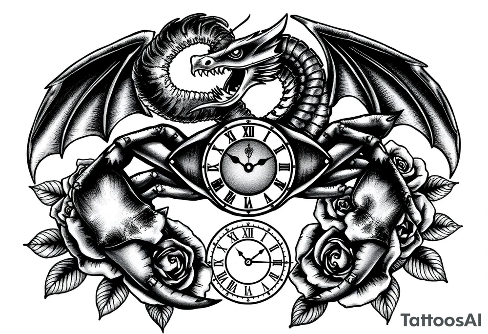 Dark cancer zodiac sign tattoo with dragon, clock and roses on background tattoo idea