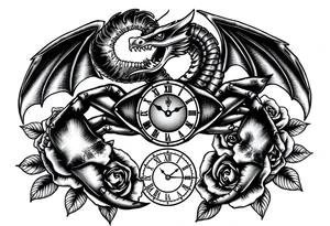 Dark cancer zodiac sign tattoo with dragon, clock and roses on background tattoo idea