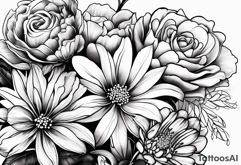 Asters, roses, lily of the valley, and chrysanthemums sleeve tattoo idea