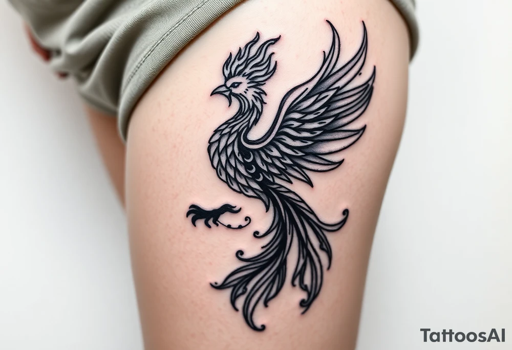 majestic fiery phoenix surrounded by fire, with a crown of fire flapping wings with a flaming tail tattoo idea