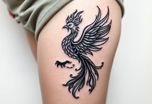 majestic fiery phoenix surrounded by fire, with a crown of fire flapping wings with a flaming tail tattoo idea