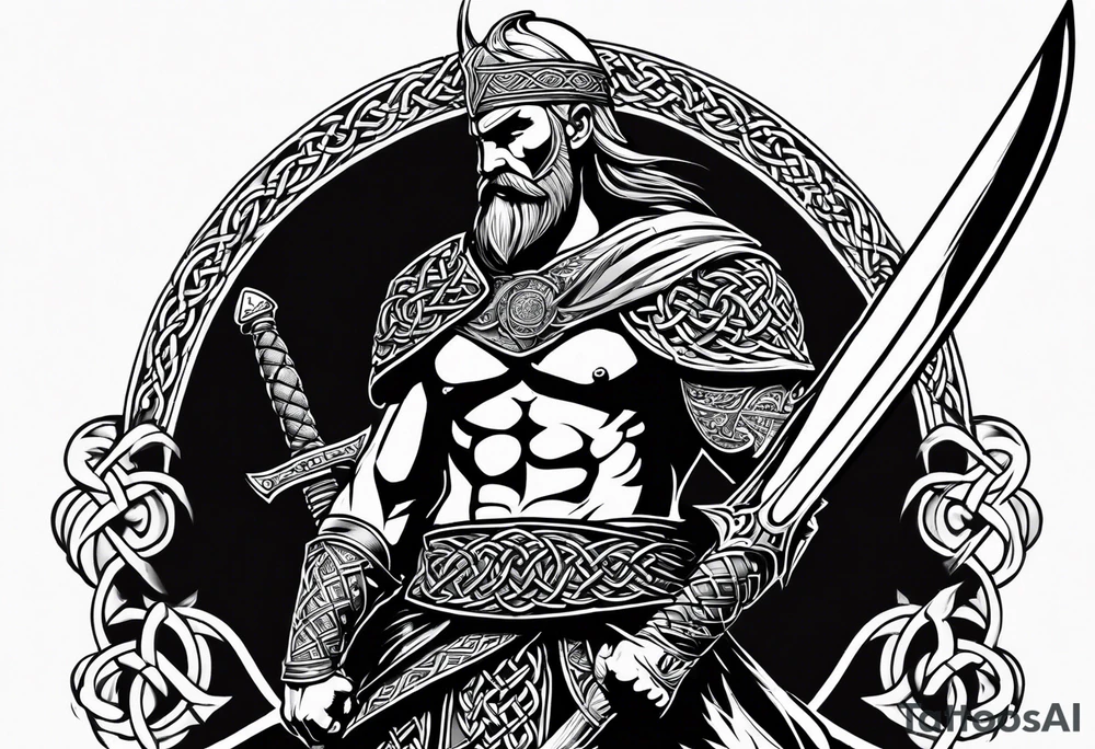 Side full body shot of Celtic warrior with sword and axe. tattoo idea