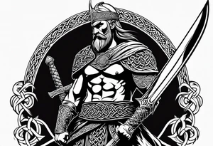Side full body shot of Celtic warrior with sword and axe. tattoo idea