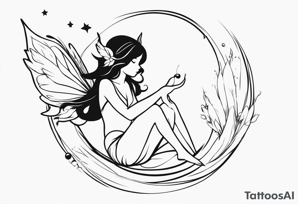 Minimalistic, monochromatic fairy with a tail flying to the left in a fetal position, leaning and looking in the same direction, with visible hands, embodying the 'Fairy Tail' logo aesthetic. tattoo idea
