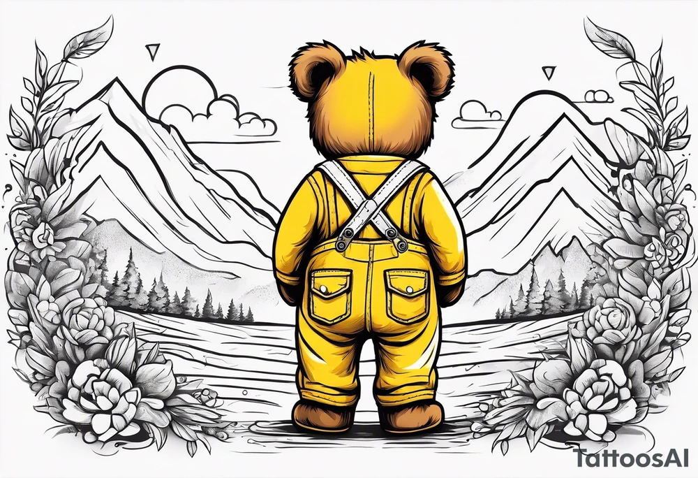 the back of a standing, skinny, brown ,
teddy bear in long, yellow overalls tattoo idea