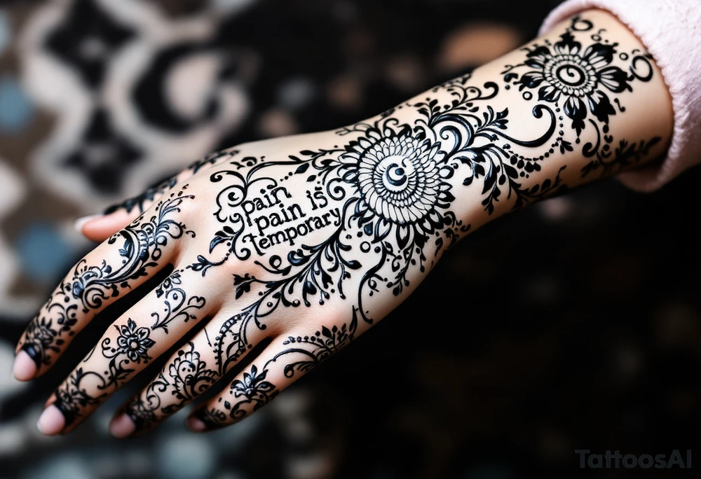 Indian style Henna tattoo for the inner wrist including words pain is temporary and make it taller than it is wide and have it flowing tattoo idea