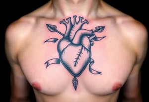 anatomical heart pierced by ornate arrow with flowing ribbons tattoo idea