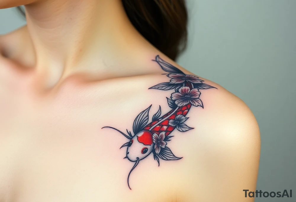 I want the tattoo starting at my collar bone, and I want it to go down my arm, but doesn’t go past my elbow. I want my middle name, Sané” on my collarbone area and I want the red and black koi fish too on my shoulder area. And I want flowers that represent healing, happiness, and peace and purity. tattoo idea