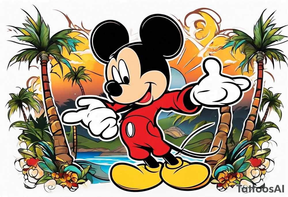 mickey mouse holding lightning with palm trees doing martial arts at the disney castle tattoo idea