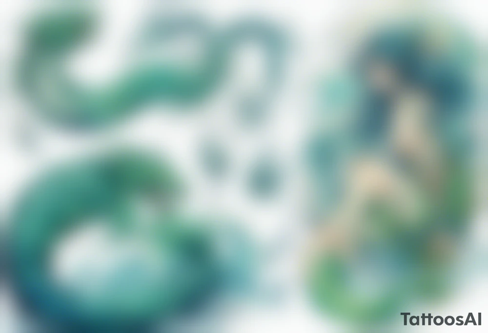 a blue-green Naiad next to a sea serpent tattoo idea