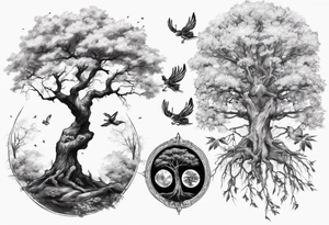Spring with an oka tree beside, Baird fly over the oka tree tattoo idea