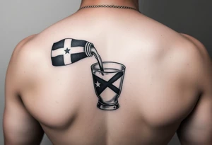 A simple greca with a Dominican Republic flag, tipped to pour coffee into a small Cuban coffee glass with a Cuban flag. Using shading to make the tattoo pop. tattoo idea
