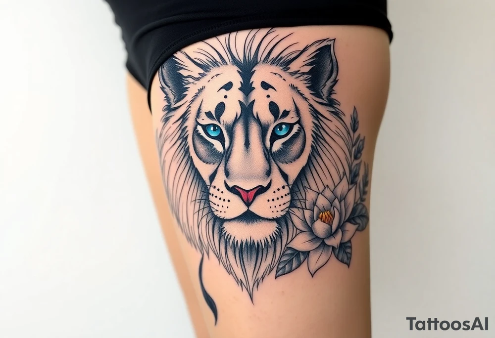 Lion with blue eyes surrounded by larkspur and water lily tattoo idea