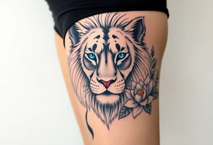 Lion with blue eyes surrounded by larkspur and water lily tattoo idea