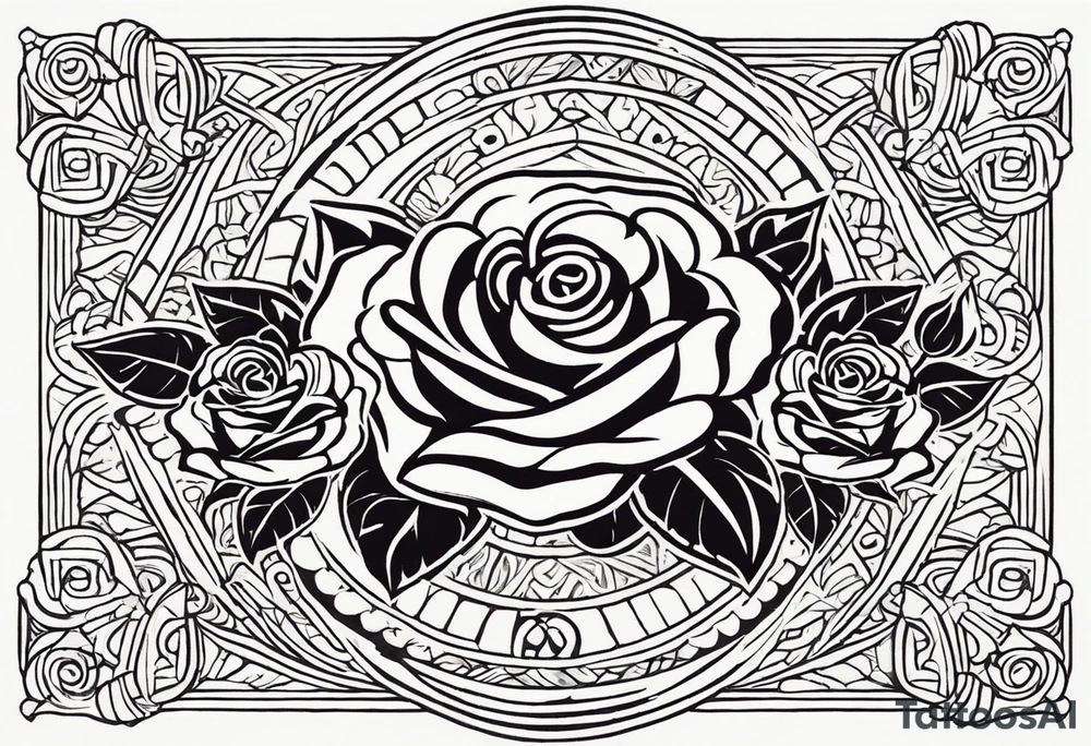 Design a masculine tattoo depicting three delicate rose buds being embraced and protected by 
Aztec weapons. The weapons should include elements such as the macuahuitl (Aztec sword-club), obsidian blades, and shields, arranged in a way that forms a protective circle or embrace around the roses. Carve the entire image as if it were a stone sculpture by an ancient Aztec artist, with the texture resembling intricately detailed stone carvings. The roses should be slightly softer but still stylized in stone, giving the entire tattoo a powerful, yet artistic and ancient feel. Use bold, sharp lines to capture the essence of Aztec craftsmanship tattoo idea