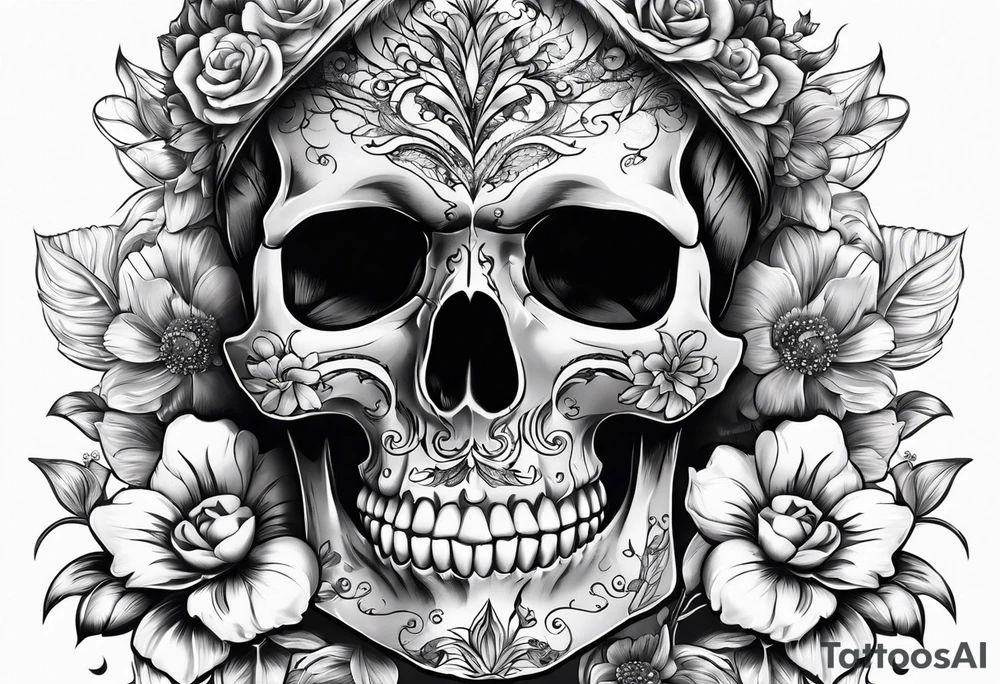 SKULL FULL FACE WITH FLOWER tattoo idea