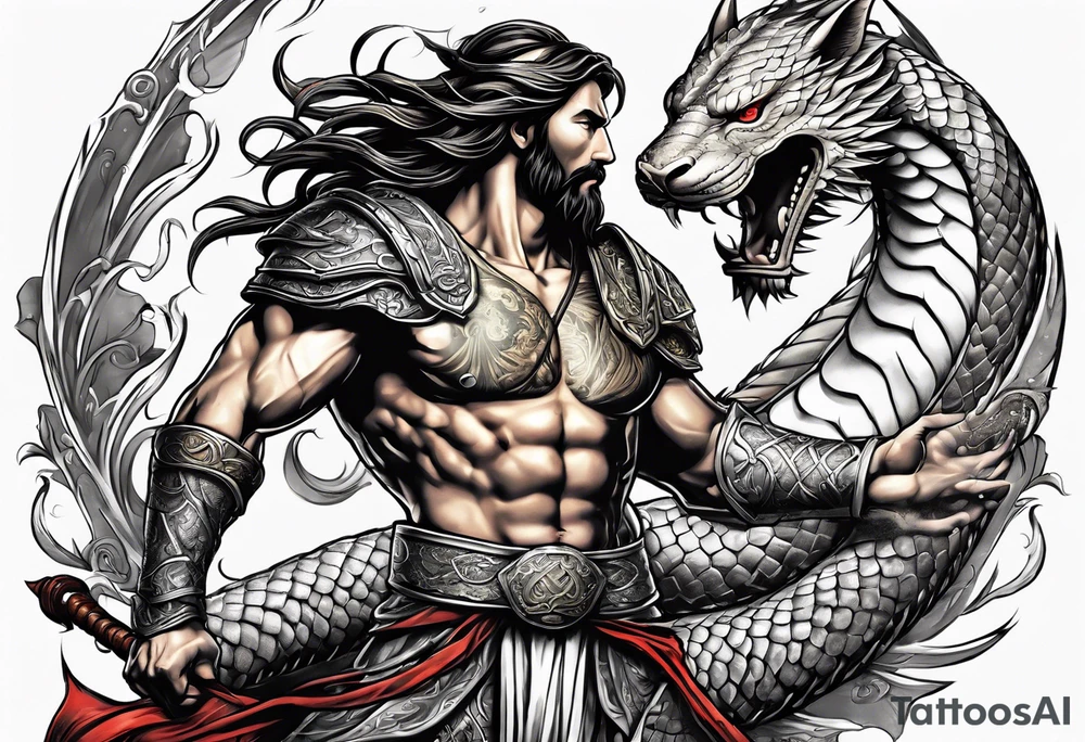 Almighty powerful Jesus in his indestructible armor fighting Serpent tattoo idea