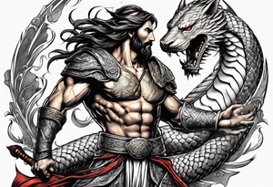 Almighty powerful Jesus in his indestructible armor fighting Serpent tattoo idea