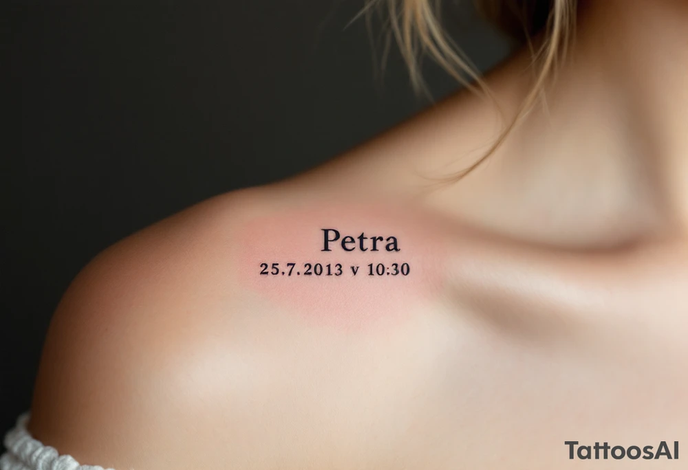 Classic serif font "Petra – 25.7.2013 v 10:10" inside a soft blush pink oval frame. tattoo idea