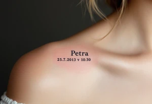 Classic serif font "Petra – 25.7.2013 v 10:10" inside a soft blush pink oval frame. tattoo idea