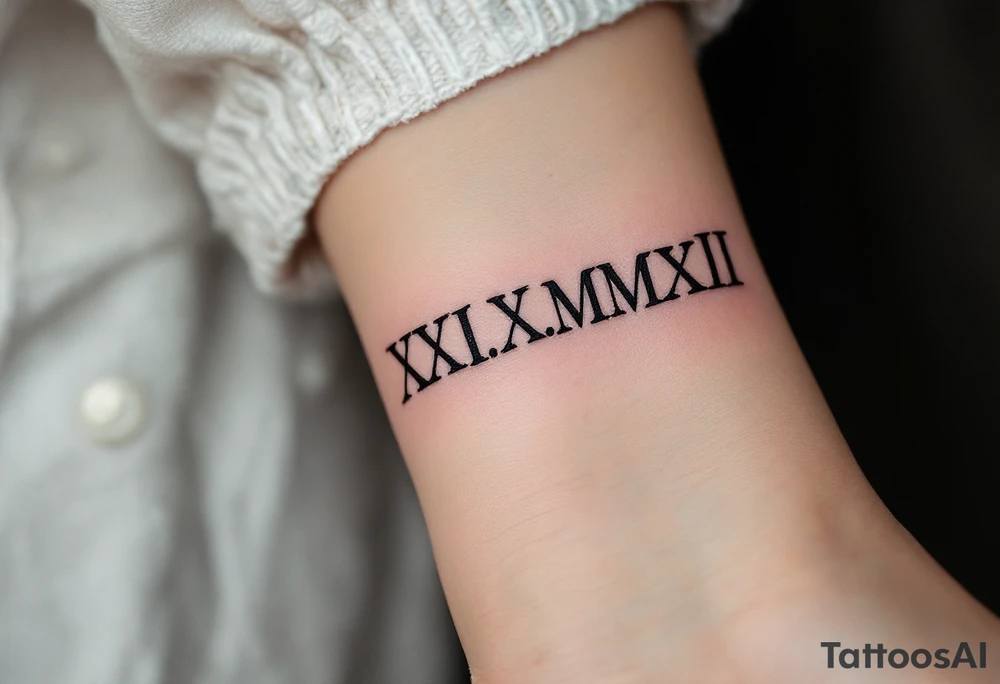 Elegant XXI.XI.MMXII in dark gray ink across the ribs, styled with subtle shadowing for a stone-carved effect. tattoo idea